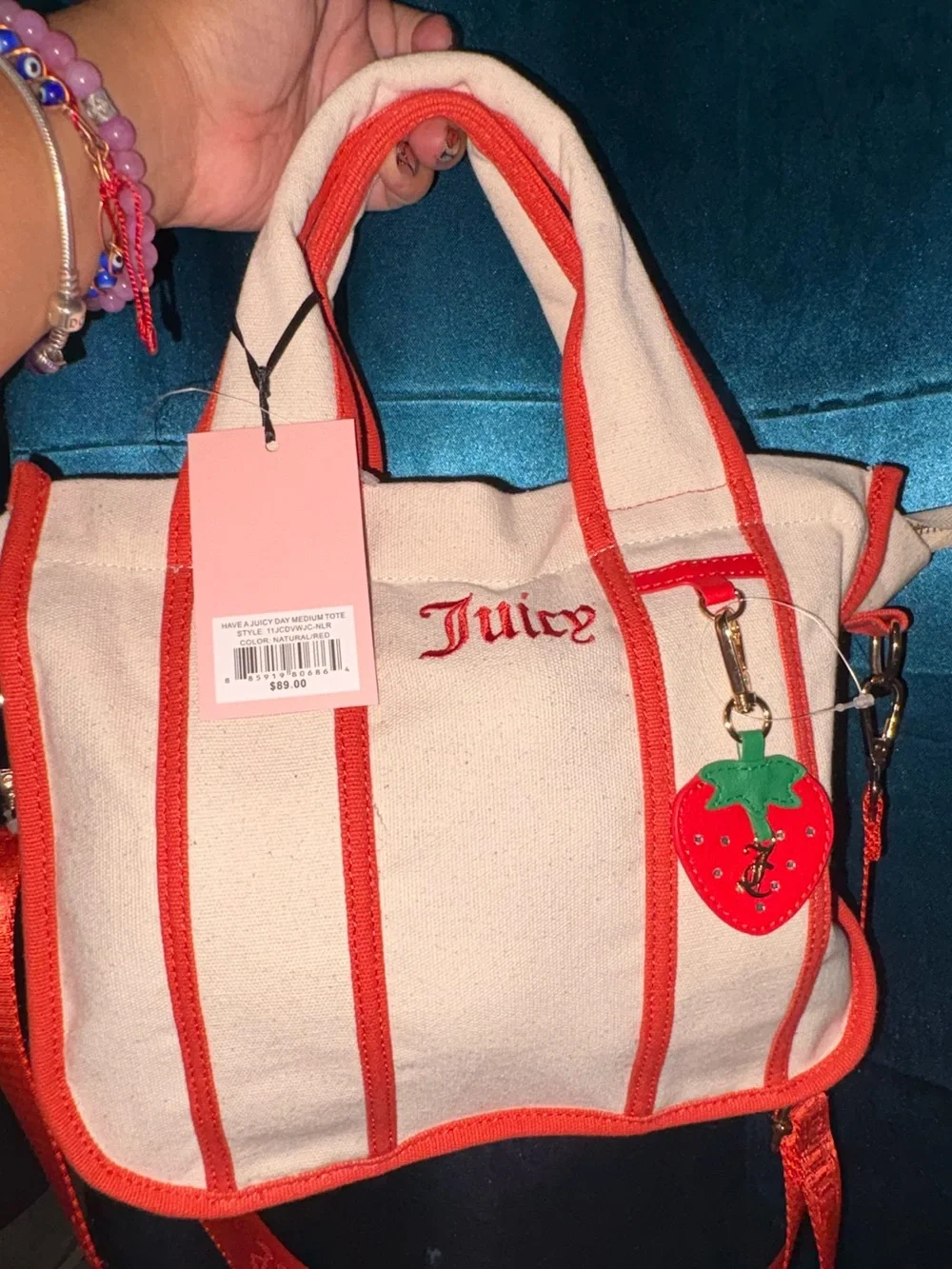 Juicy Couture Cream Canvas Tote with Red Trim and Strawberry Charm